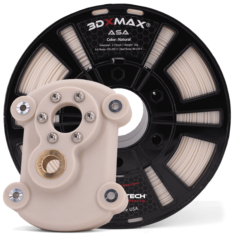 Spool of 3DXMAX ASA filament in natural color with a 3D-printed mounting bracket part displayed in front, demonstrating ASA filament's suitability for functional outdoor parts