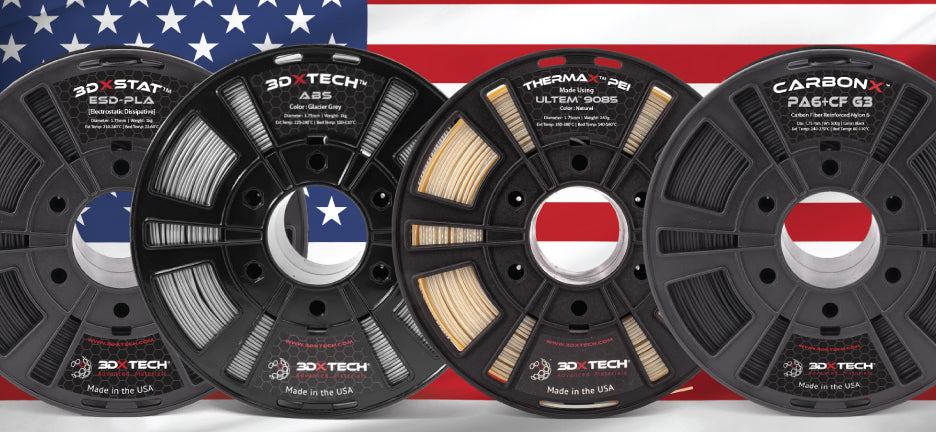 Made in USA filament spools from 3DXTech displayed against an American flag
