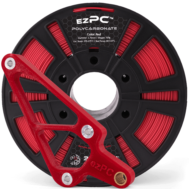 Red 3DXTECH ezPC polycarbonate filament spool with a red 3D printed PC bracket fitted with metal bushings